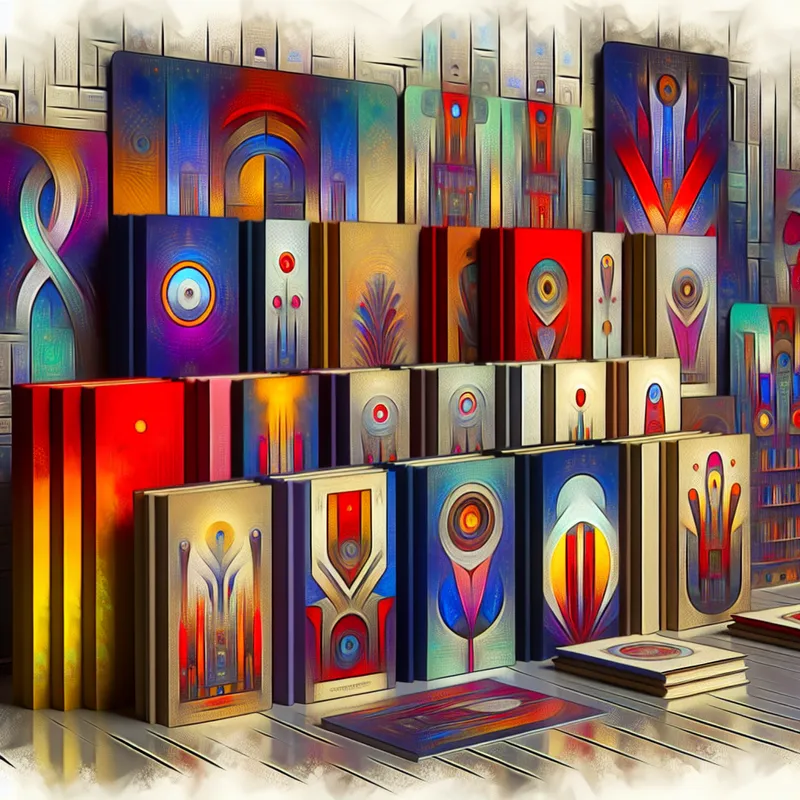 Een verzameling kleurrijke, gestileerde boeken en kaarten in een modern retro-futuristische setting.