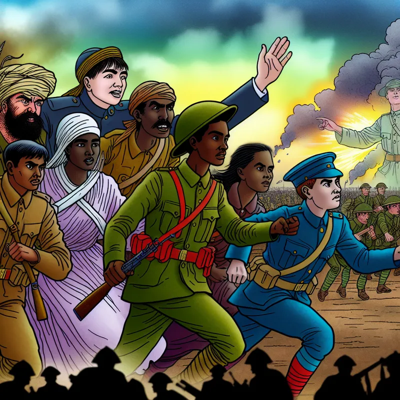 Een kleurrijke cartoonafbeelding van soldaten die in een gevecht vooruit stormen, met een heldendaden thema.