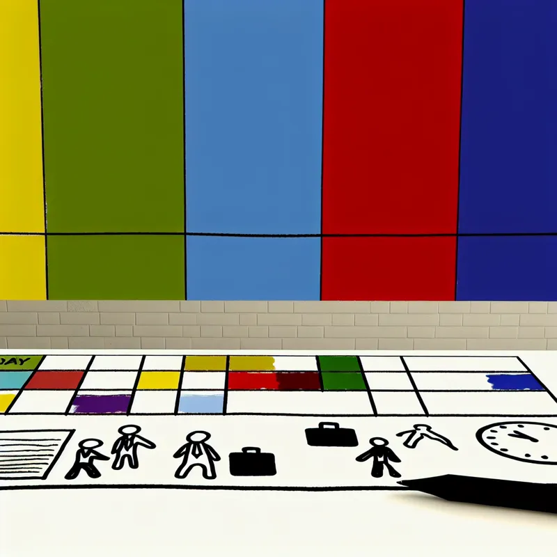 Minimalistische afbeelding van een kleurrijke week met zeven blokken voor elke dag, en een eenvoudige kalender met werkgerelateerde iconen.