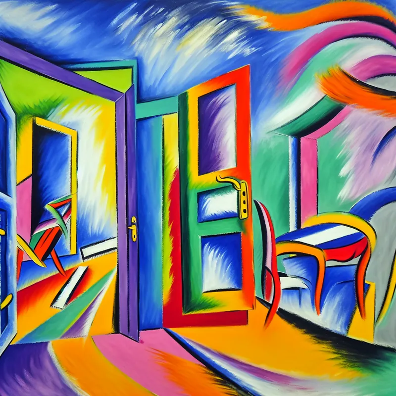 Vibrante abstracte afbeelding van een kleurrijke deur die opent naar een speelse kamer vol vormen en kleuren