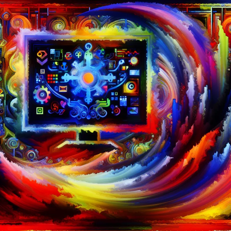 Vibrante abstracte compositie van een digital workspace met een scherm en kleurrijke pictogrammen voor softwaretoepassingen.