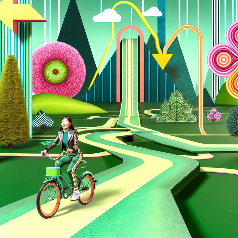 Een jonge vrouw steert zelfverzekerd een kleurrijke fiets langs een smal, kronkelig pad in een levendig, retro-futuristisch landschap met geometrische vormen.