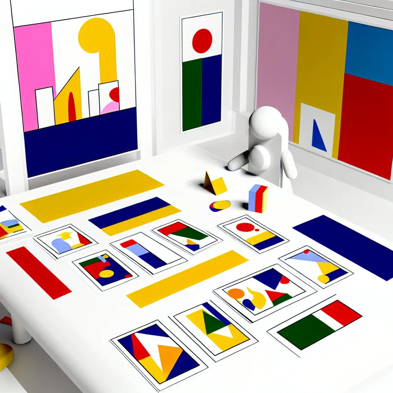 Illustratie van kleurrijke, platte kaarten op een witte tafel, stijl van Dick Bruna