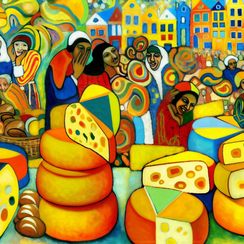 Abstracte afbeelding van een levendige kaasmarkt met kleurrijke Goudse kazen