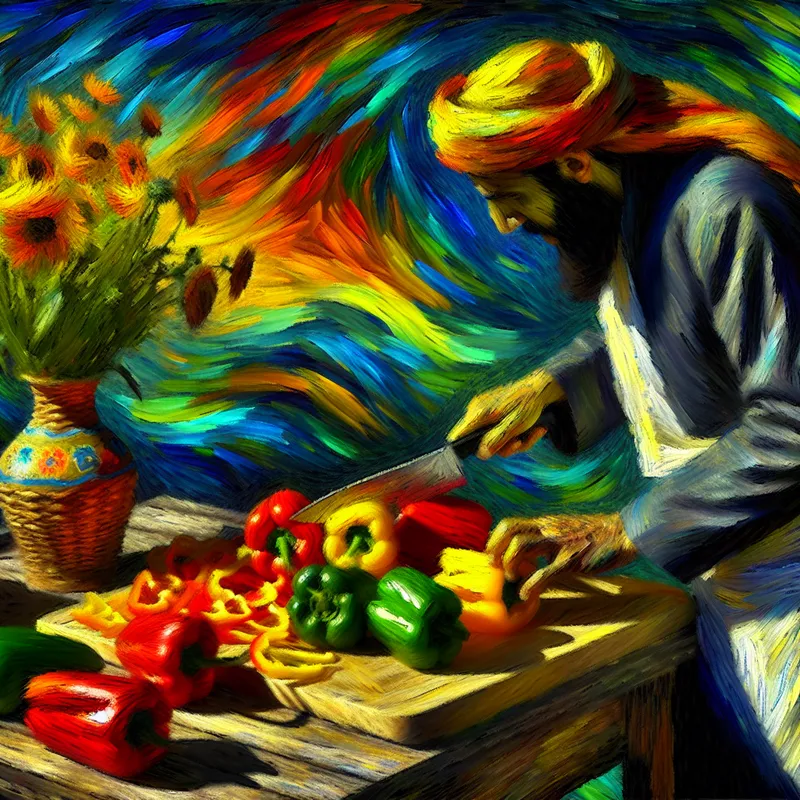 Persoon snijdt kleurrijke paprika's op een houten snijplank in een levendige keuken.