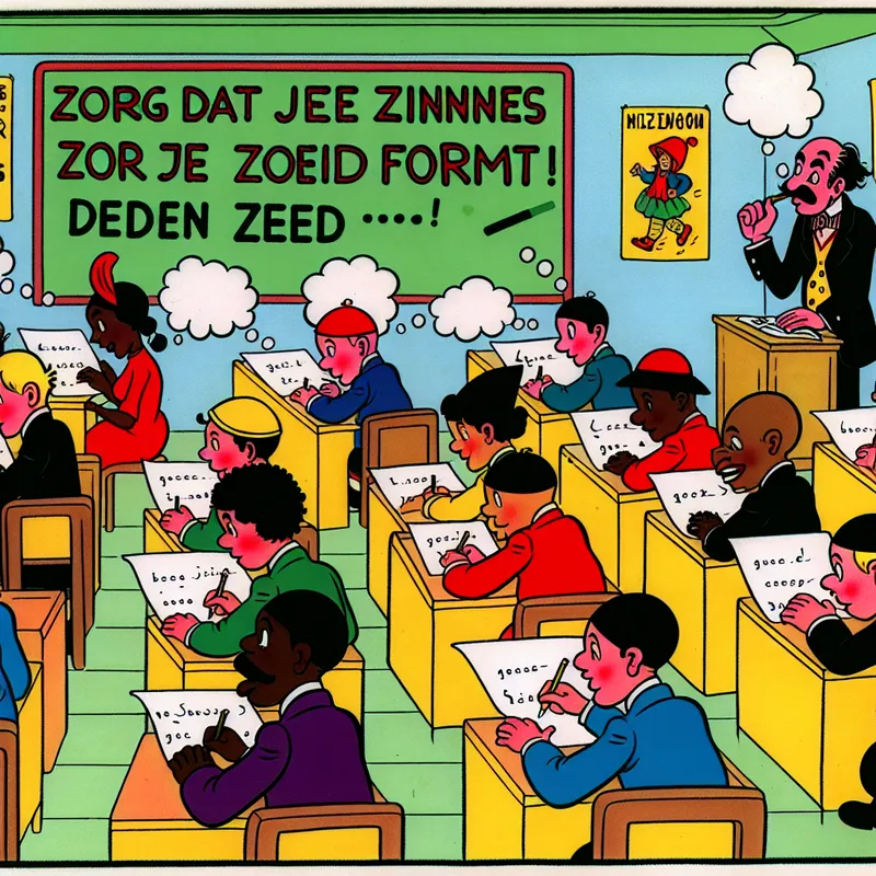 Een kleurrijke cartoon van diverse studenten in een klaslokaal, die het zinnenschrijven oefenen op een groot schoolbord.