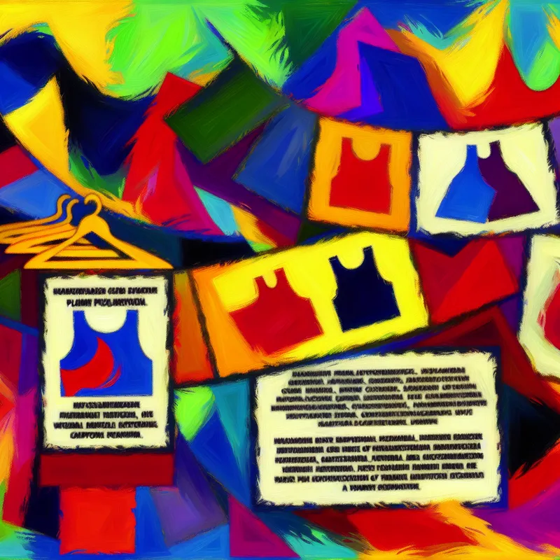 Abstracte en kleurrijke scene van kledingitems met opvallende labels voor wasinstructies en kenmerken