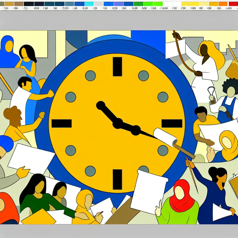 Minimalistische illustratie van een kleurrijke klok die naar middernacht wijst, met cartoonachtige professionele personages die urgent werken.