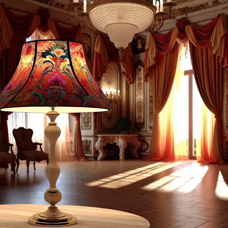 Een elegante lamp met een kleurrijke kap in een weelderig ingerichte kamer met barokke details en warm licht.