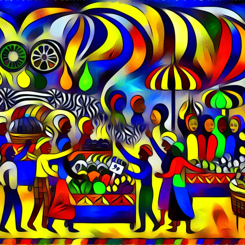 Abstracte illustratie van een kleurrijke markt met diverse producten en blije mensen die in gesprek zijn.