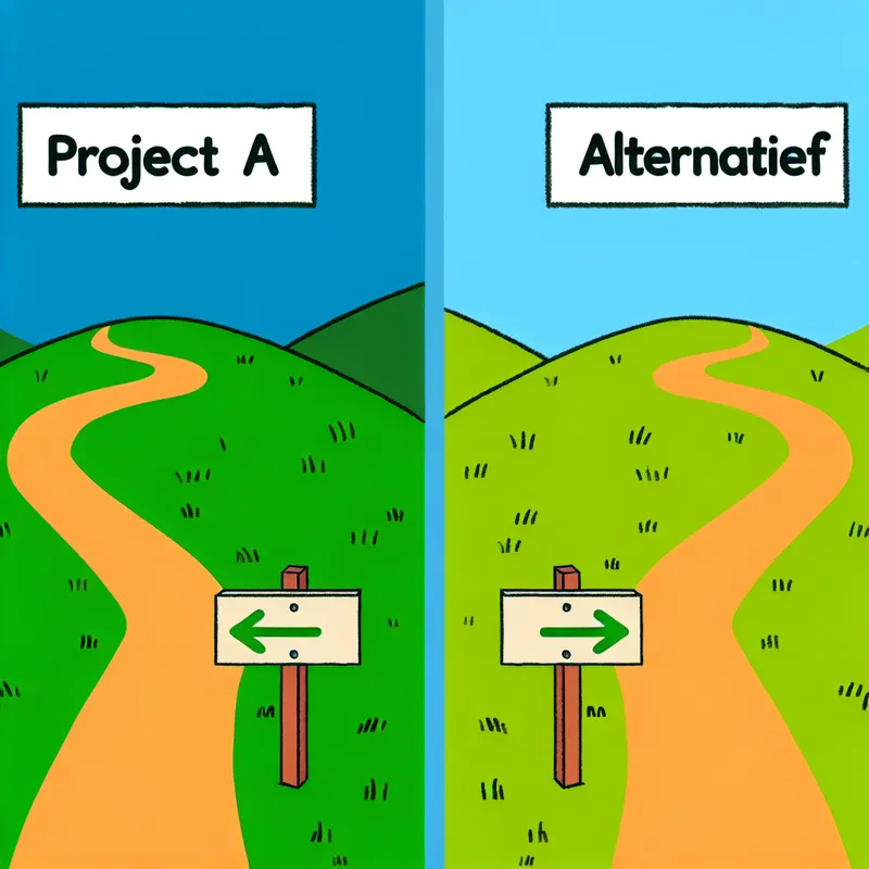 Minimalistische illustratie van twee paden die splitsen in een kleurrijk landschap met borden 'Project A' en 'Alternatief'.