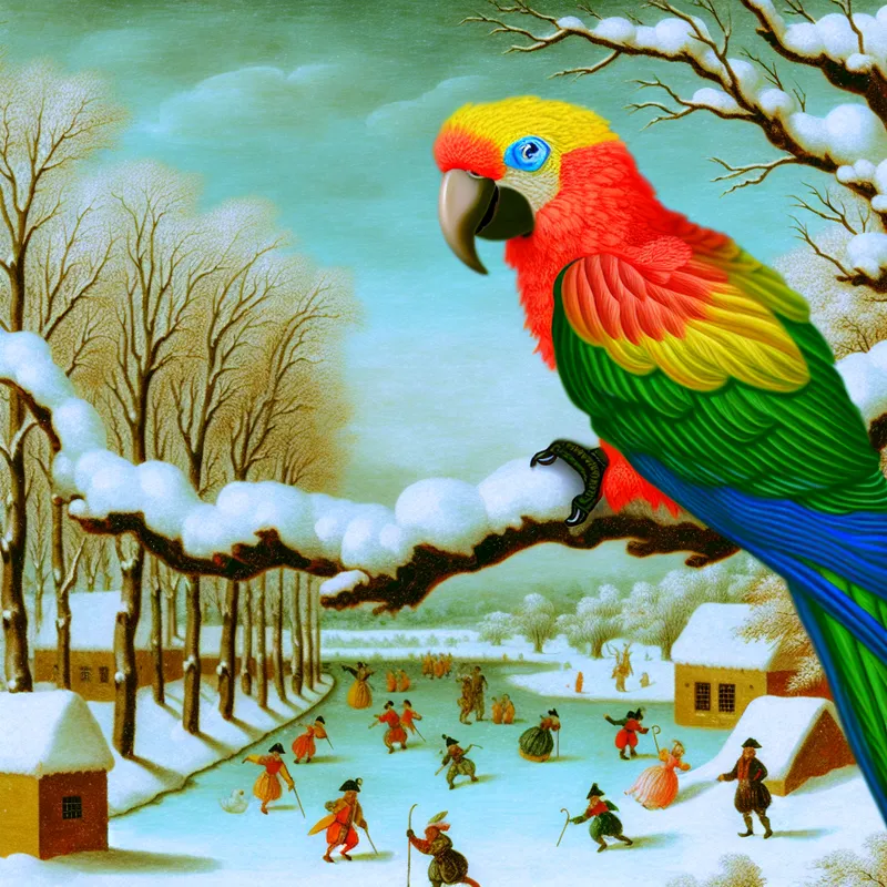 Kleurrijke papegaai zittend op een tak in een winterlandschap met ijsschaatsen en sneeuwpoppen.