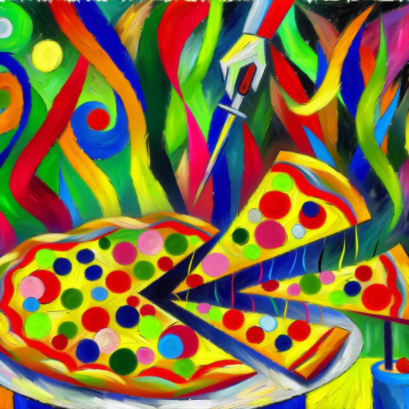 Vibrante en abstracte afbeelding van een kleurrijke pizza die in grote stukken wordt gesneden, symboliserend het splitsen en delen van voedsel