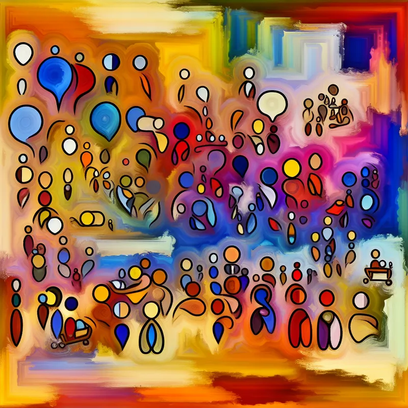 Abstracte kleurrijke afbeelding van pronomen in de taalkunde, met speelse figuren en levendige vormen.