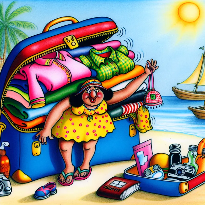 Een kleurrijke cartoon van een open reistas vol met kleding en reisbenodigdheden. Een vrolijk personage probeert de tas dicht te ritsen.