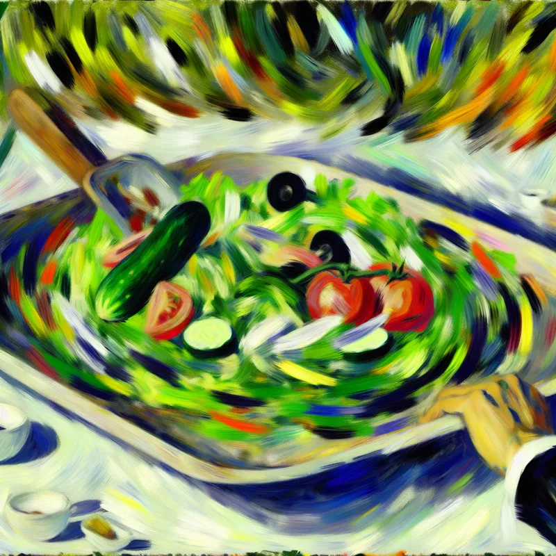 Abstracte expressieve afbeelding van een kleurrijke salade in een grote platte schaal, met dynamische penseelstreken en een hand die de schaal benadert.