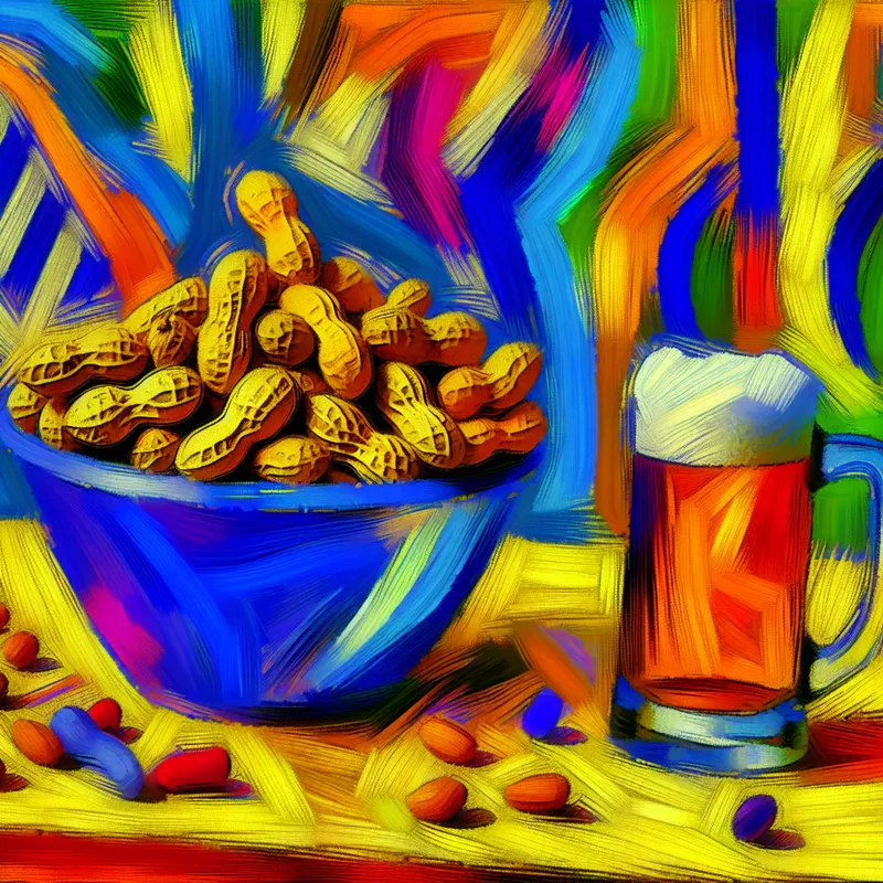 Een kleurrijke schaal vol pinda's, omringd door snacks en een bierpul op een tafel