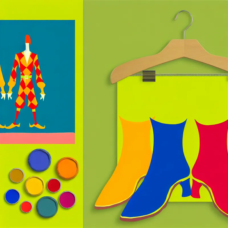 Een speelse illustratie van twee kleurrijke schoenen naast elkaar, met een livrei op een haak erachter.