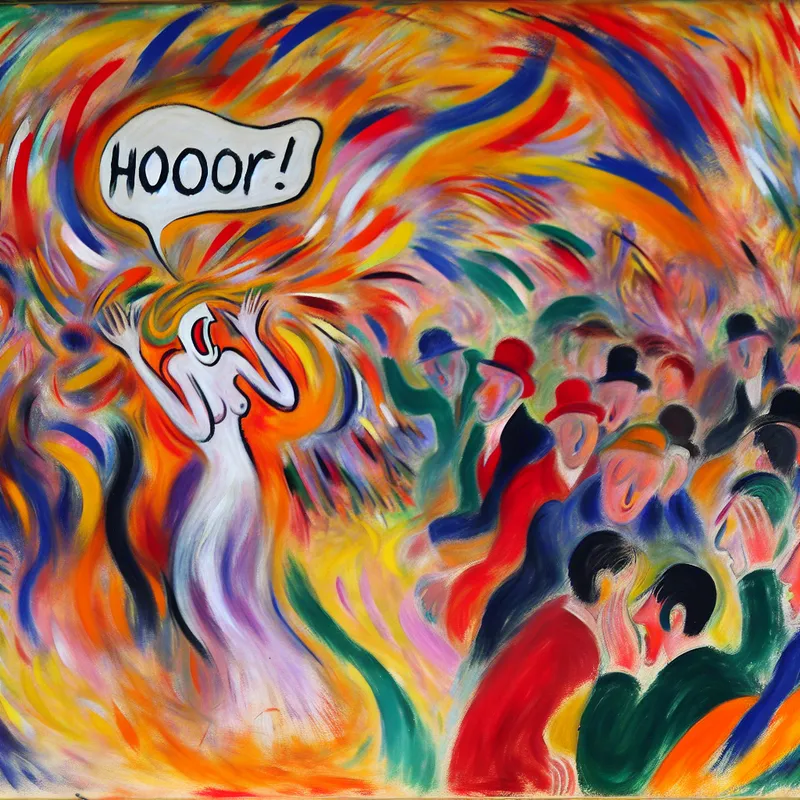 Abstracte uitbeelding van een sociale bijeenkomst met een figuur die enthousiast 'Hoor!' roept, omringd door andere converserende figuren.