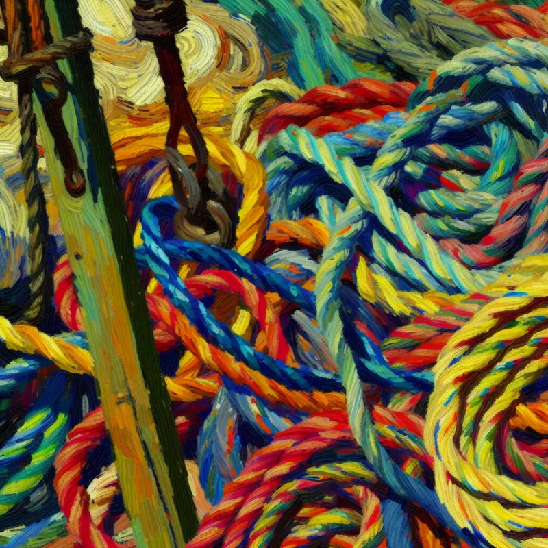 Een scène met kleurrijke touwen die in de war om een houten paal zijn gewikkeld, geschilderd in felle kleuren en dynamische penseelstreken.