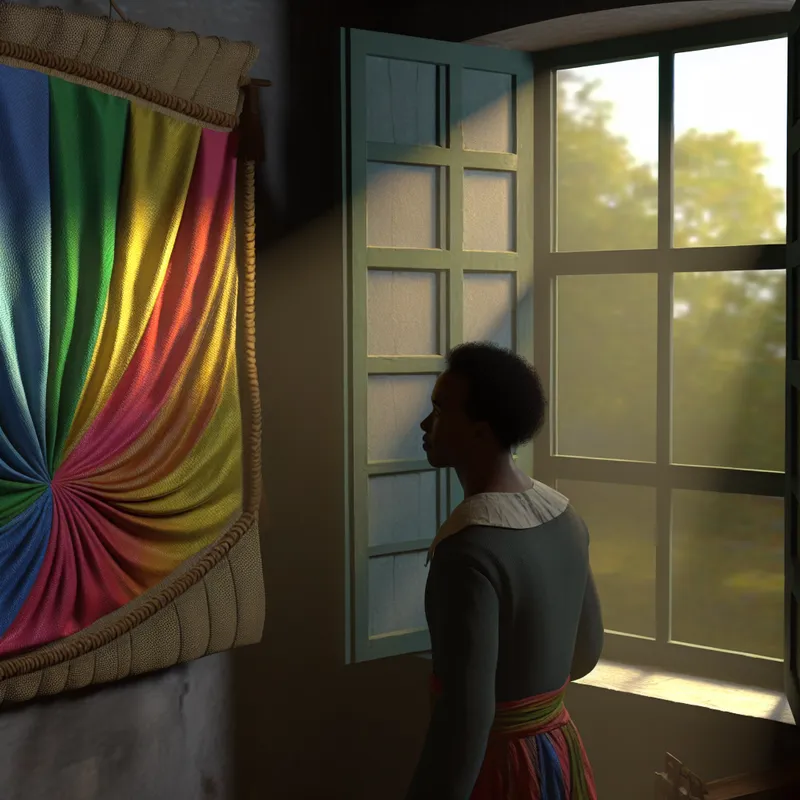 Stillevenscène met een open raam dat zacht licht op een kleurrijke vlag werpt, met een figuur die erover nadenkt
