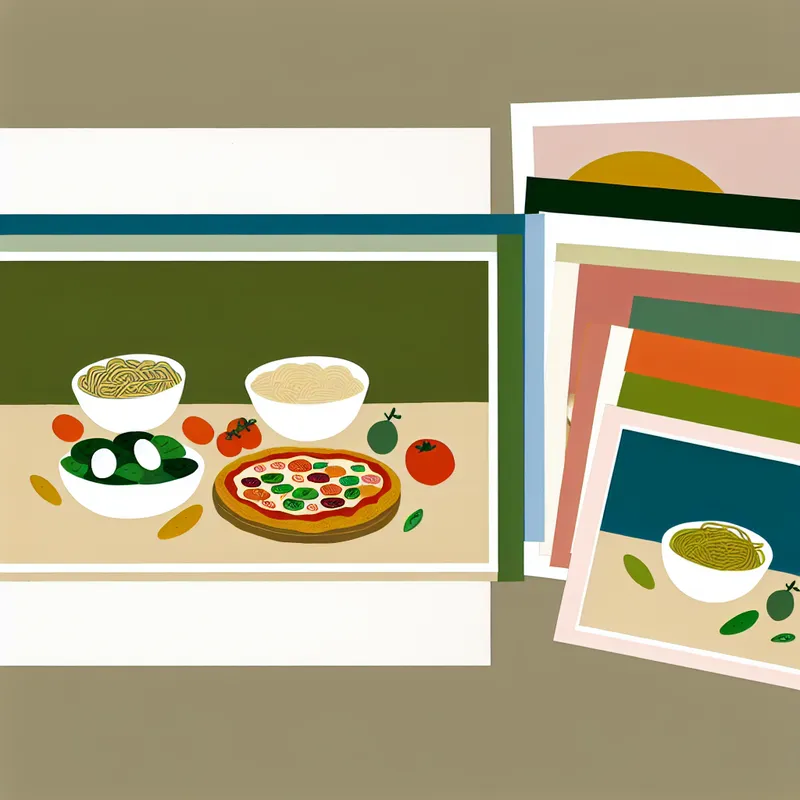 Illustratie van een kleurrijke selectie van voedsel met pizza, pasta en salade op een tafel