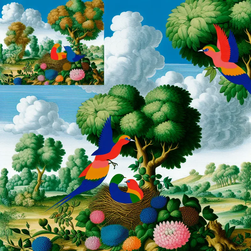 Twee kleurrijke vogels bouwen samen een nest in een groene boom met bloemen op de achtergrond.