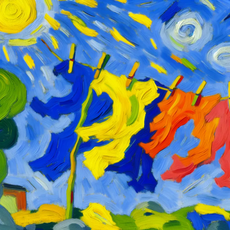 Kleurrijke was die in de wind wappert tegen een heldere blauwe lucht, geschilderd in de abstracte stijl van Karel Appel.