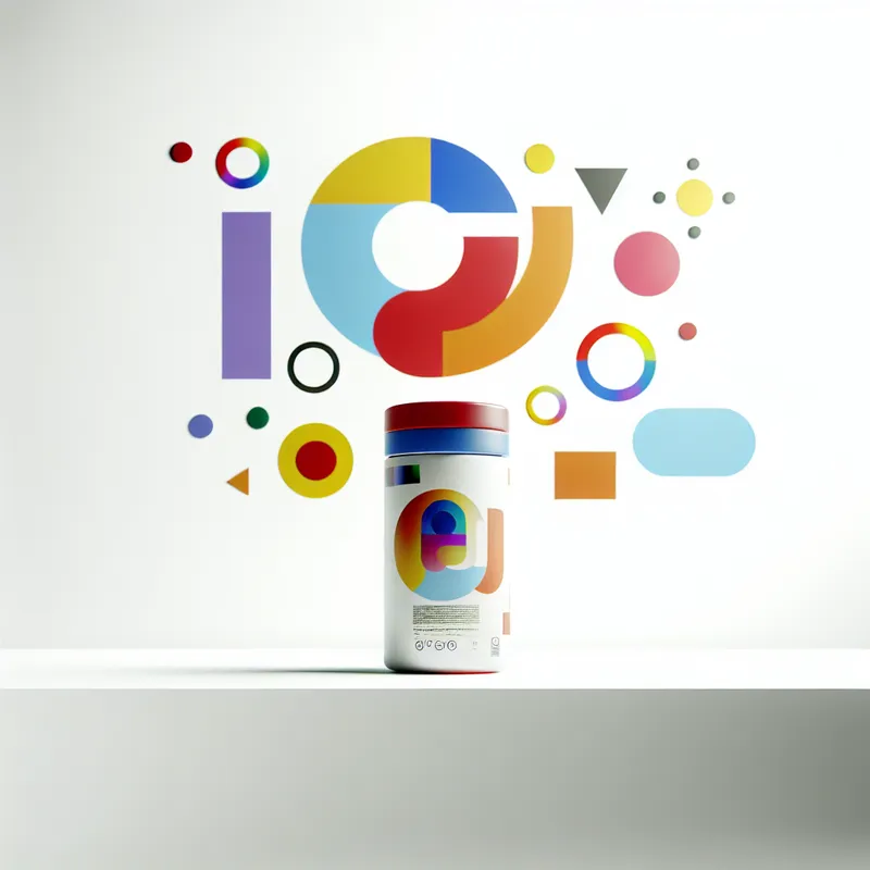 Minimalistisch logo op productverpakking met abstracte vormen en kleurrijke simbollen in een moderne omgeving