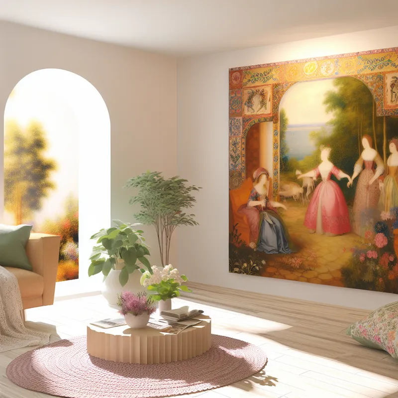 Een kleurrijk schilderij in een serene woonkamer met comfortabel meubilair.