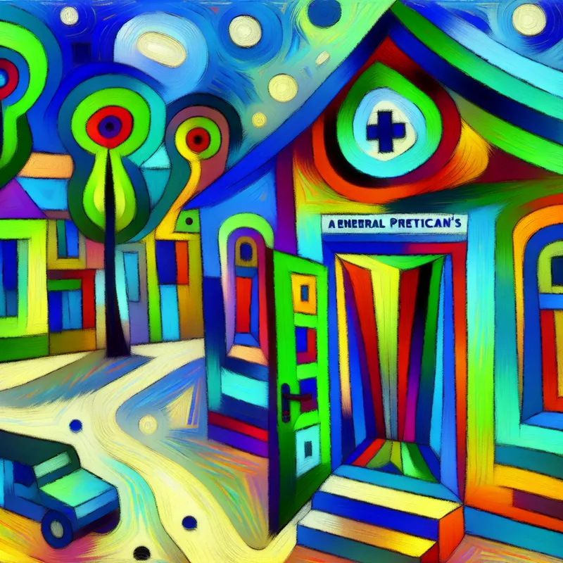 Abstracte, kleurrijke weergave van een huisartsenpraktijk met een uitnodigende deur en levendige elementen.