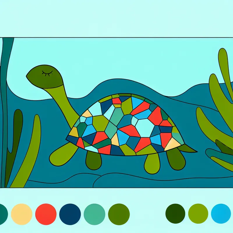 Minimalistische illustratie van een kleurrijke schildpad met een prachtig patroon op zijn schild, zittend in een rustige aquatische omgeving.