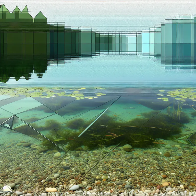 Retro-futuristische illustratie van een kristalhelder meer met zichtbare stenen, vissen en waterplanten, kleurloze en doorzichtige vloeistof benadrukkend