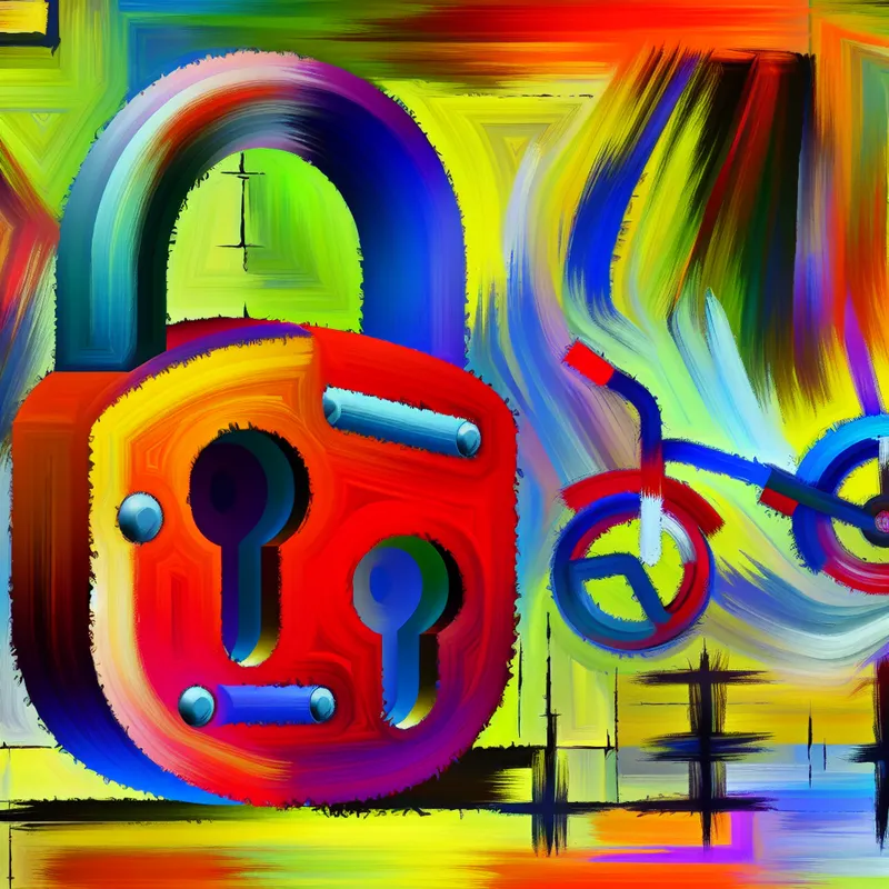 Abstracte en levendige afbeelding van een grote kleurrijke fietsslot in een kinderlijke stijl met speelse vormen en energieke kleuren.