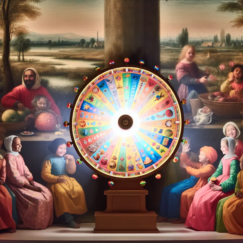 Een kleurrijk fortunerad met kinderen die spelen in een rustige binnenomgeving, verlicht door zacht licht.