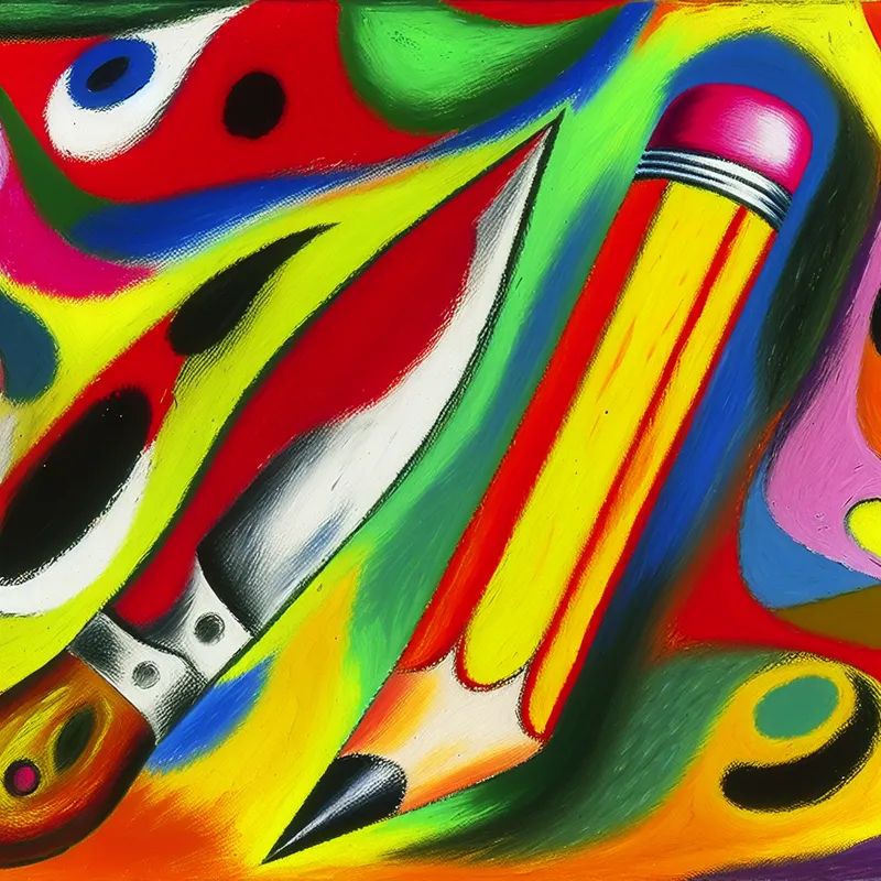 Abstracte illustratie van een groot, kleurrijk potlood naast een bot, onveilig mes.