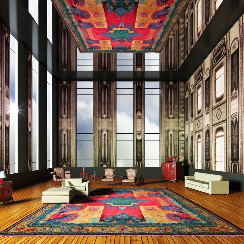 Hyper-realist scene van een woonkamer met een kleurrijk tapijt op een gepolijste houten vloer, grote ramen en surrealistische verlichting.