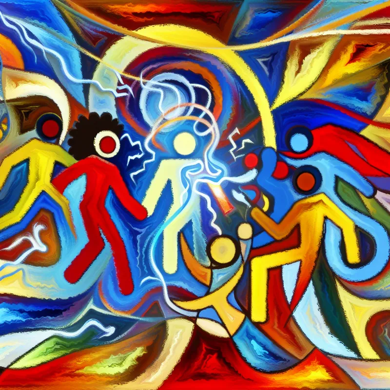 Abstracte illustratie van een dynamisch team dat samenwerkt, met kleurrijke energieverbindingen en een stralend krachtsymbool, in de stijl van Karel Appel