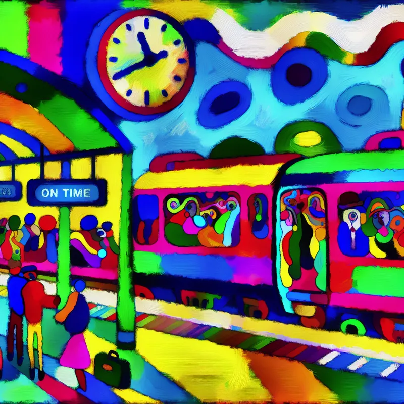 Een kleurrijk en abstract treinperron met een felgekleurde trein vol enthousiaste passagiers en een grote klok die 'op tijd' aangeeft.