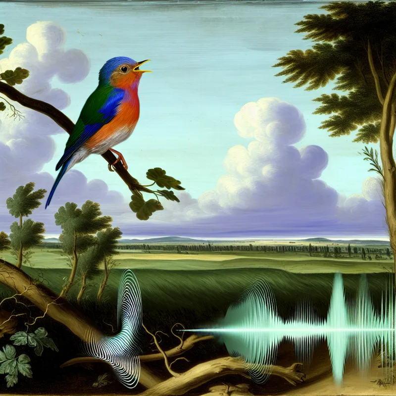Kleurrijk vogeltje dat op een tak zit en een hoog, schril geluid maakt, omringd door een sereen landschap met groene bomen en een dramatische lucht.