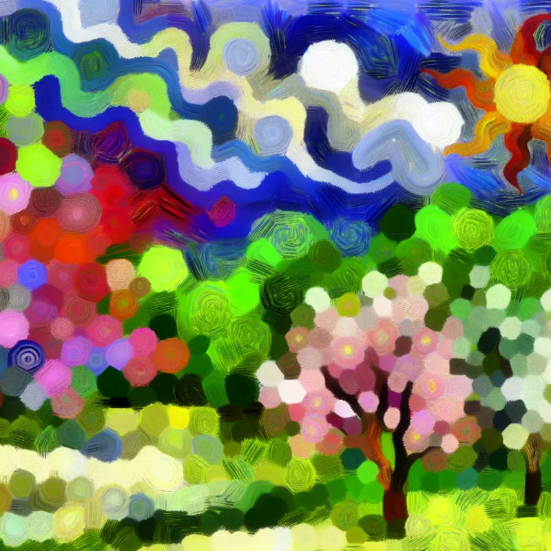 Abstracte kleurrijke scène die de lente symboliseert met bloeiende bloemen en groene bladeren.