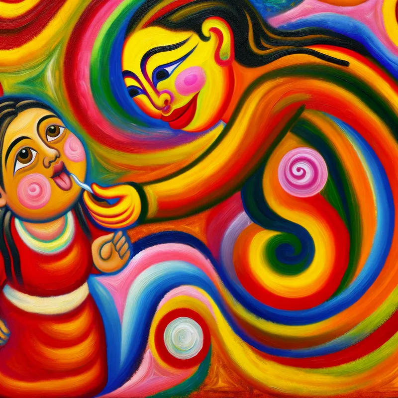 Een kleurrijke abstracte afbeelding van een kind die een kus geeft aan een figuur met de naam 'Moedertje'.