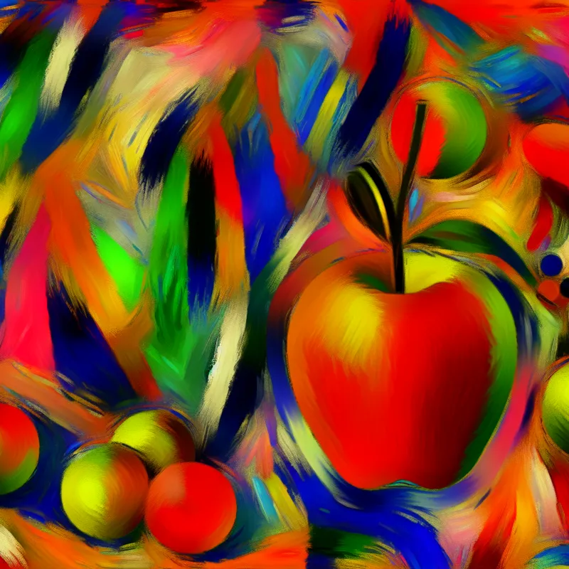 Een kleurrijke appel in een abstracte, expressieve achtergrond in de stijl van Karel Appel