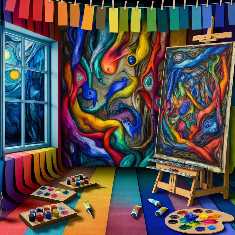 Surrealistisch kunstwerk met een kleurrijke artiestenstudio geïnspireerd op Hiëronymus Bosch