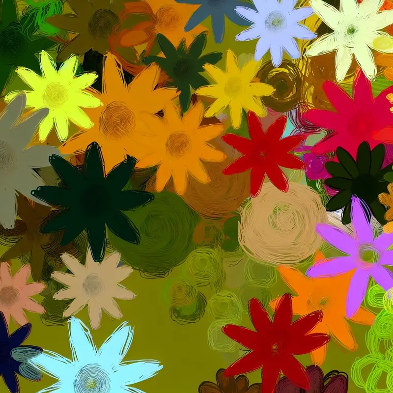 Een levendige tuin met een verscheidenheid aan bloemen, geïllustreerd in een minimalistische stijl.