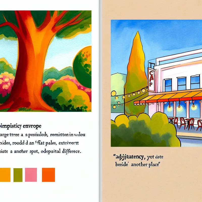 Minimalistische illustratie van een kleurrijke boom in een tuin naast een café met heldere kleuren.