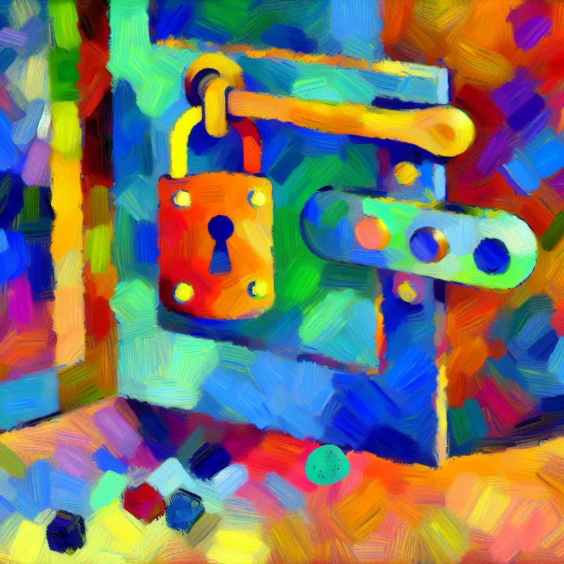 Kleurrijke abstracte afbeelding van een halfopen zware deur met een groot, cartoonachtig grendel in de voorgrond, omringd door levendige verfspatten en speelse vormen.