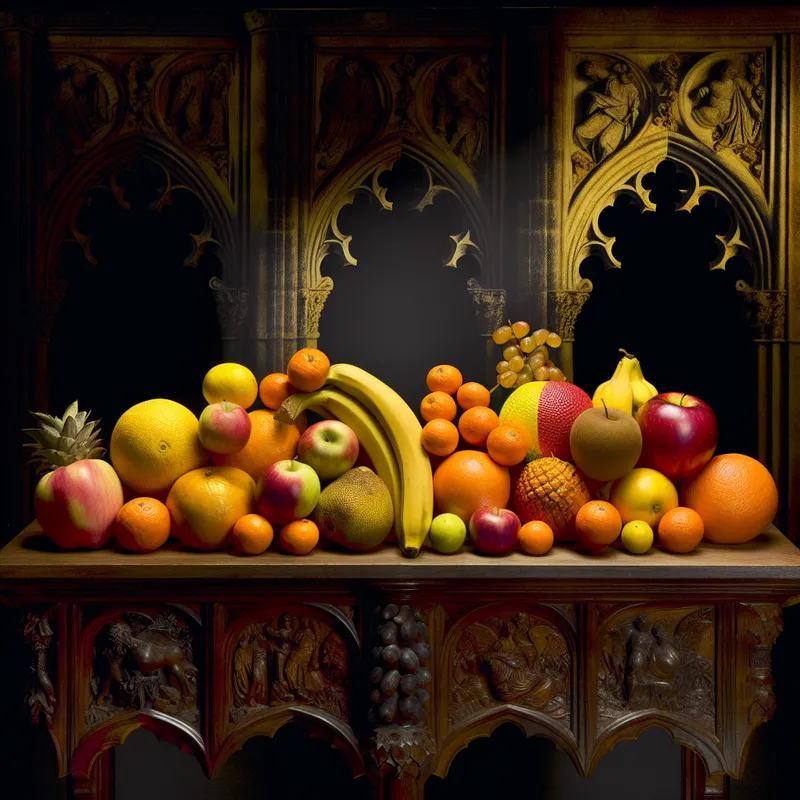 Stilleven van kleurrijke exotische vruchten op een gedetailleerde donkere houten tafel met schaduwen en gothische elementen op de achtergrond.