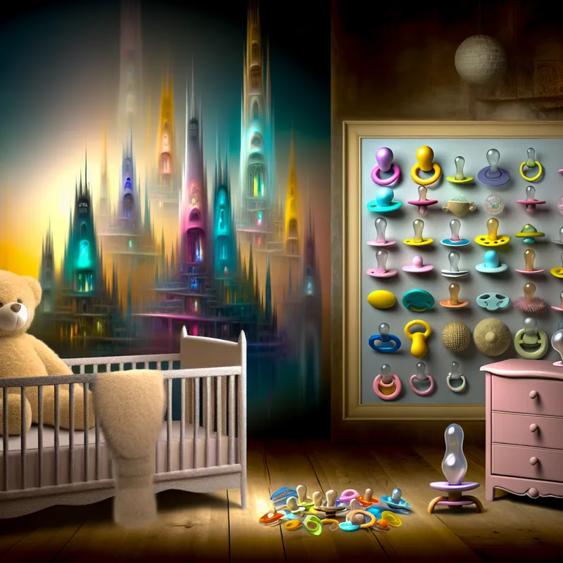 Hyper-realistisch beeld van een serene babykamer met kleurrijke fopspenen en een teddybeer.