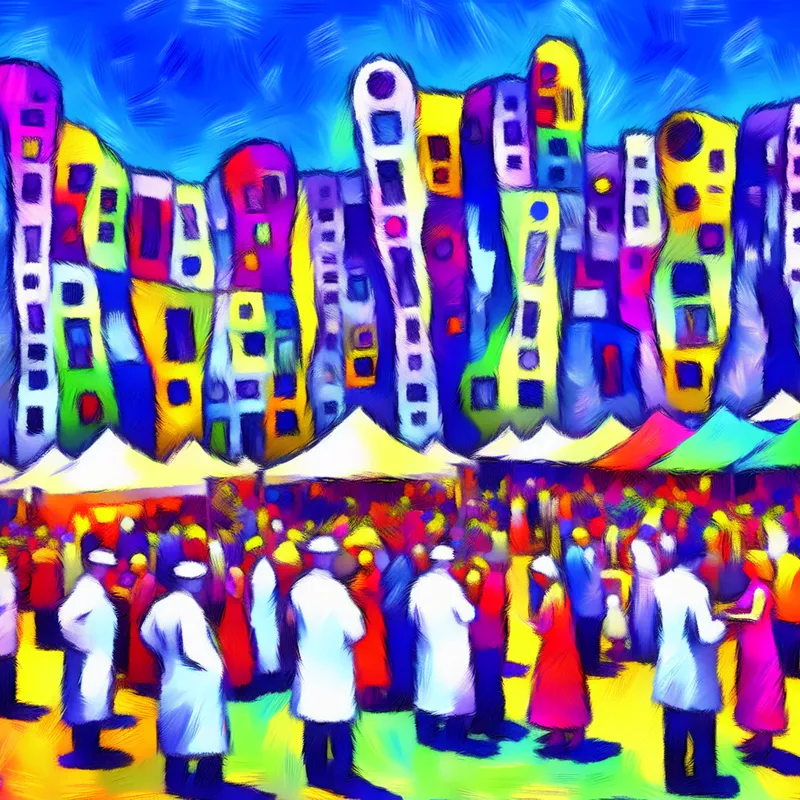 Abstract en kleurrijke afbeelding van een levendige gemeenteraadsvergadering buiten met fantasierijke figuren van stadsofficials.